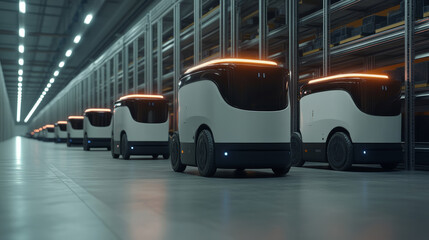 Automated delivery robots in warehouse, showcasing advanced logistics technology and efficiency. scene highlights innovation in transportation and storage solutions
