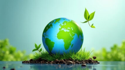 Green planet earth growing on grass and floating on water with leaves