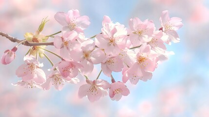 Obraz premium Horizontal banner. Cherry blossom in spring. Beautiful nature scene with blooming tree in sunny morning. Spring flowers and bright blue sky. Background for card or banner with copy space
