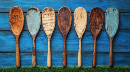 Rustic wooden spoons, blue wood, grass, kitchen, vintage, cooking, background, food blog