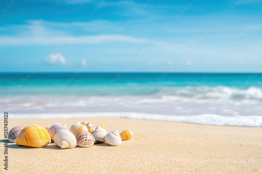 Poster Assorted seashells scattered on sandy beach during sunny day with gentle waves in background
