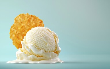 crispy golden chip half-dipped in a fluffy scoop of melting vanilla ice cream, showing contrast in textures, isolated on a pastel background