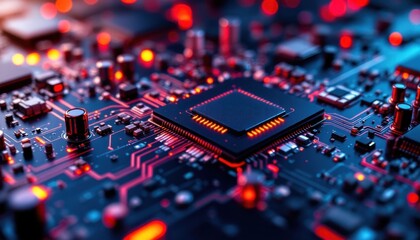 Close-up of illuminated microchip on electronic circuit board with neon lights
