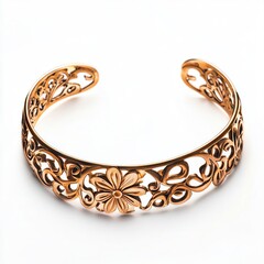 Gold floral cuff bracelet on white background