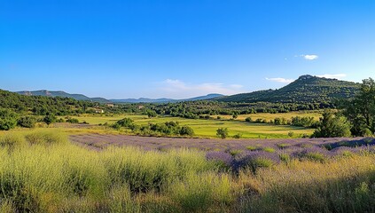 Obraz premium Lavender Fields Bloom Abundantly under a Vast Blue Sky, Rolling Hills in the Background, Scenic Beauty.