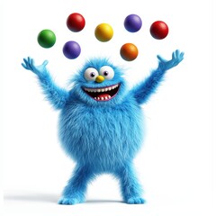 Fluffy blue monster as a circus performer, juggling colorful balls, isolated on white background