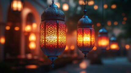 Islamic lantern on vibrant ramadan kareem eid ul adha banner, colorful high-resolution background with intricate details and copy space