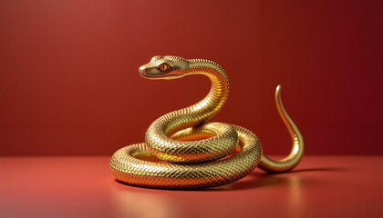 Fototapeta premium Golden snake coiled on red background, visually striking art