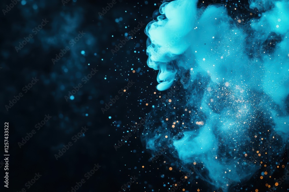 Poster blue smoke cloud billowing against a solid black background creating a dramatic visual effect