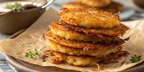 Golden crispy potato latkes with fresh herbs, sour cream, and rustic wooden setting - traditional Jewish holiday food
