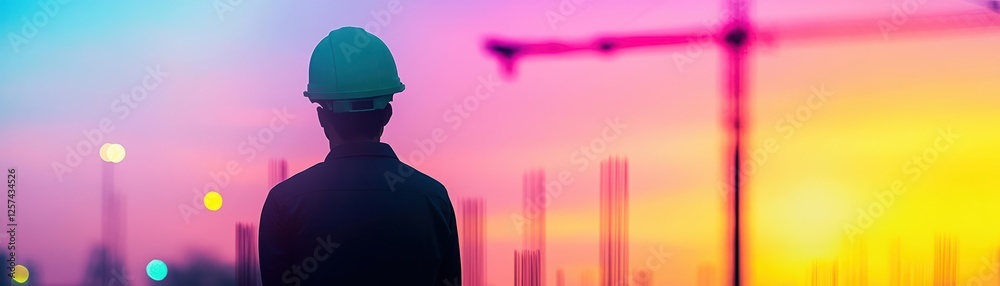 Poster man in hard hat at construction site overseeing building project and safety procedures