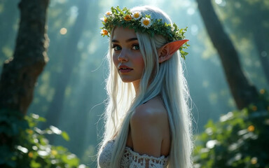 An elven princess with silver hair wearing a flower crown, standing in an enchanted forest, glowing magical lights, fantasy art, ultra-detailed