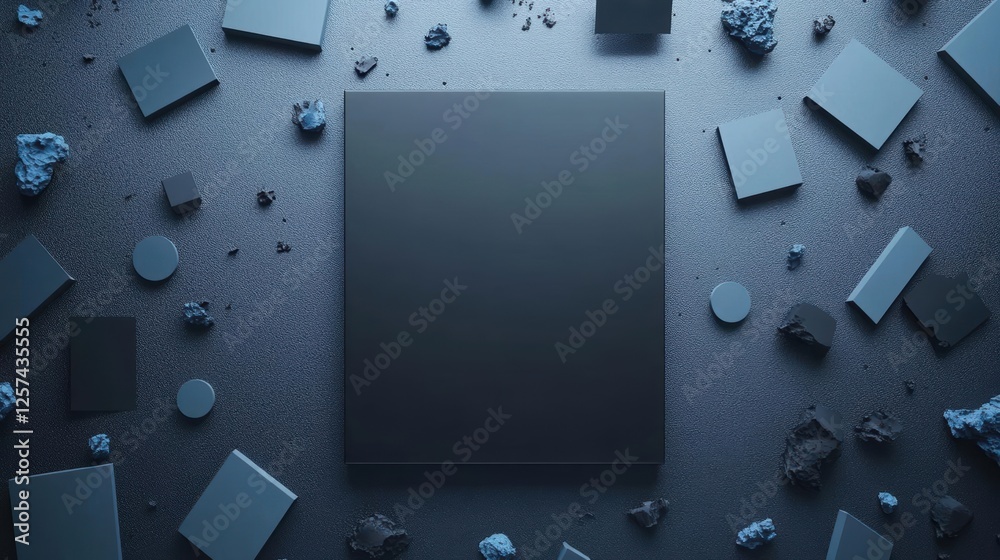 Aufkleber black square frame with bright blue shards scattered around on a white background