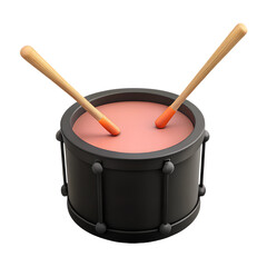 Black drum with sticks isolated on white background. 3d render image. Cartoon plastic style