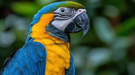 Close-up of a vibrant Blue-and-Yellow Macaw in a lush tropical setting