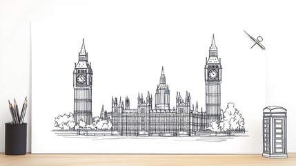 London's Houses of Parliament sketch, pencils, table