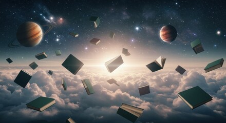 Naklejka premium Floating books in space with planets and stars above the clouds