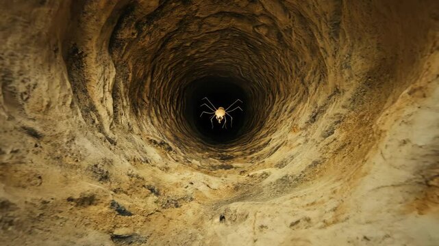 Spider crawling out of deep dark hole