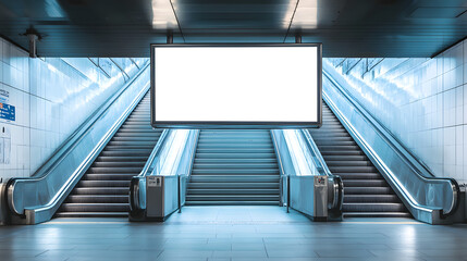 Fototapeta premium Blank Advertisement Billboard Above Escalators in Modern Subway Station