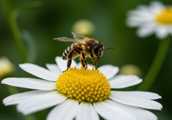 Close-up of bee pollinating white daisy with vibrant green background