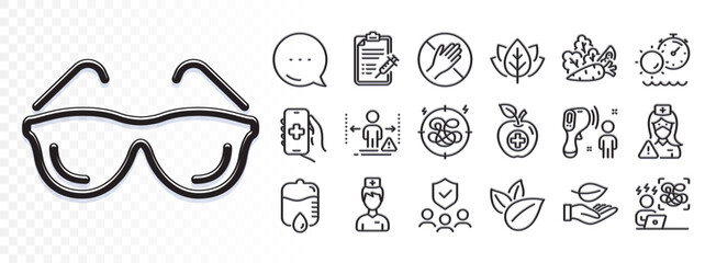 Organic tested, Health app and Doctor line icons for web app. Glare of light effect. Message icon. Pack of Stress, Electronic thermometer, Vaccine report pictogram icons. Vector