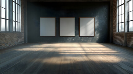 Empty Loft Space with Three Blank Canvases, Sunlit Wooden Floor, and Exposed Brick Walls