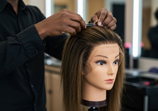Hair styling tutorial with mannequin for learning new techniques in salon