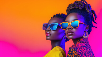 Beautiful African American Model Wearing Colorful Sunglasses and Animal Print Fashion, Beauty Portrait