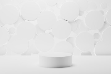 White round podium on abstract stage mockup, soft light shining flying circles decor. Template 3D illustration urban style scene for presentation cosmetic products, goods, branding, sale, display.