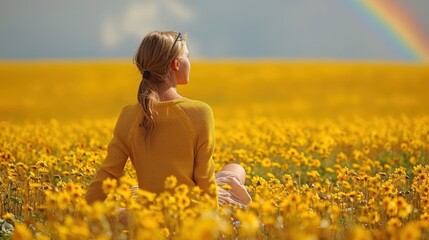 Fototapeta premium Woman in a yellow sweater sitting in a vibrant sunflower field under a rainbow, enjoying nature