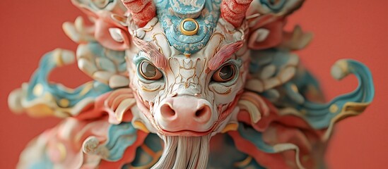 Fototapeta premium Ornate mythical bull, close-up, red background, fantasy art