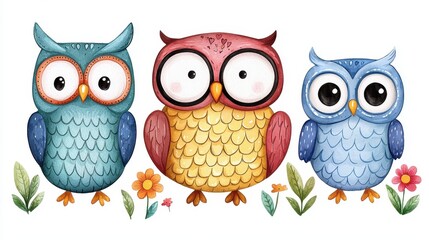 Fototapeta premium Colorful, cartoonish owls with large eyes and floral accents create a whimsical and playful scene.
