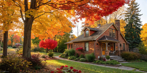 Cozy log cabin in a vibrant autumn forest with golden and red leaves, tranquil winding path, and dappled sunlight
