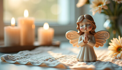 Fototapeta premium Porcelain angel figurine with candles and flowers in soft light