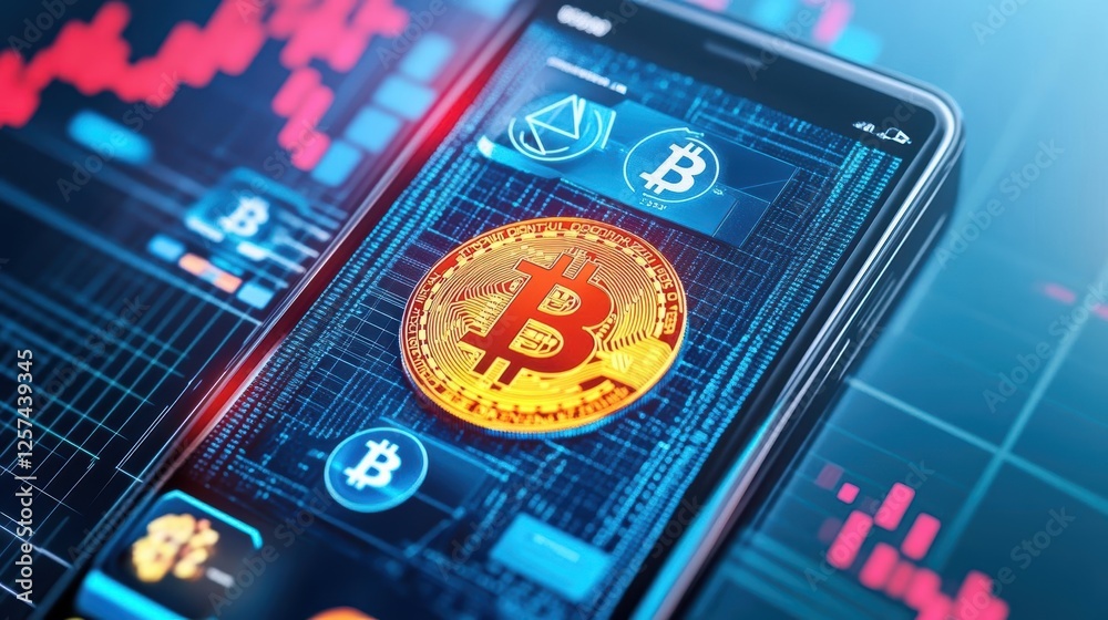 Poster Smartphone displaying a bitcoin coin on its screen with a modern workspace in the background