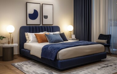 Royal blue velvet bed, off-white boucle accents, glass marble side tables, subtle ambient lighting