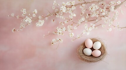 Easter eggs in nest, blossom branches, spring decoration, holiday greeting, for spring celebration, festive banner, horizontal banner, copy space	