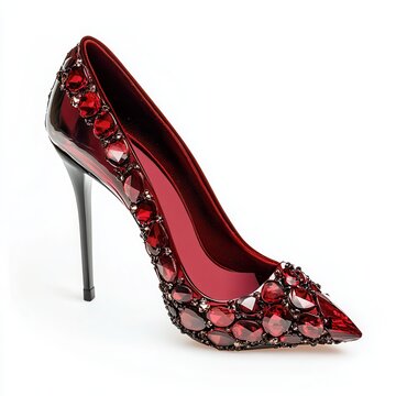 Red jeweled heels, studio shot, white background, fashion