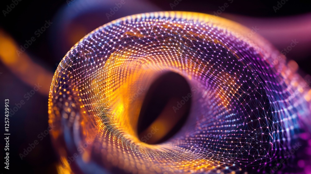 Fototapete surreal colorful wireframe torus with connecting dots and lines in 3d render, isolated geometric mod