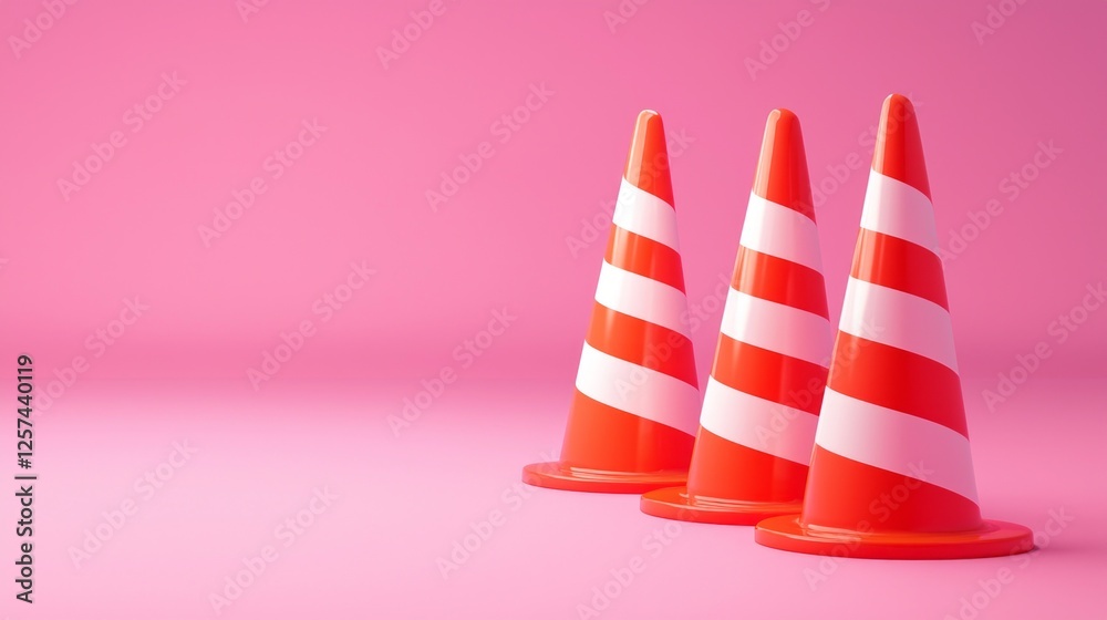 Poster bright red traffic cones with white stripes sit neatly together on a bubblegum pink background, crea
