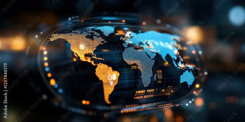 Poster futuristic digital world map visualization global network data points high-tech environment aerial v