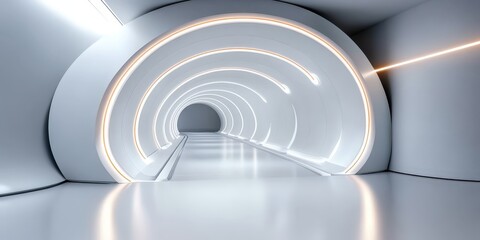 Fototapeta premium Futuristic white tunnel with glowing accents modern architecture digital design minimalistic environment perspective concept