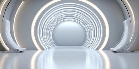 Obraz premium Futuristic minimalistic tunnel with glowing circles modern architecture interior design clean environment immersive perspective