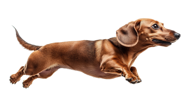 Dog in a dynamic jump captured from the side against a plain background showcasing its playful energy and agility