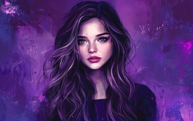 Slim woman with long wavy hair, dreamy look, deep violet background