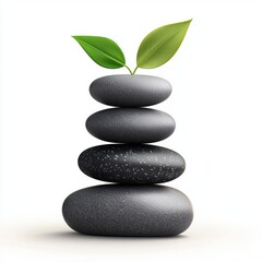 Fototapeta premium balanced stack of smooth zen stones with a small green leaf on top, isolated on white.