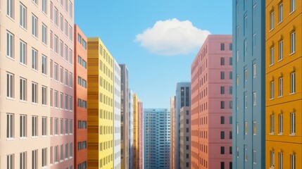 Fototapeta premium A vibrant urban scene featuring colorful buildings under a clear blue sky with a single cloud.