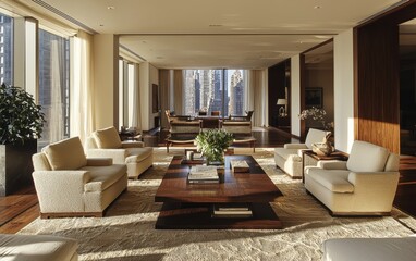 Fototapeta premium Softly lit modern living room, boucle sofa and lounge chairs, warm wooden coffee table, cozy textured rug, aesthetic simplicity, peaceful and inviting