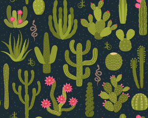 Arizona cacti desert seamless pattern on dark midnight texture, vector illustration repeat design print