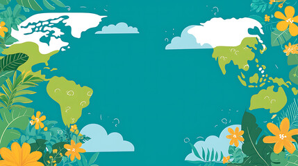 World map, floral border, green planet, environmental campaign